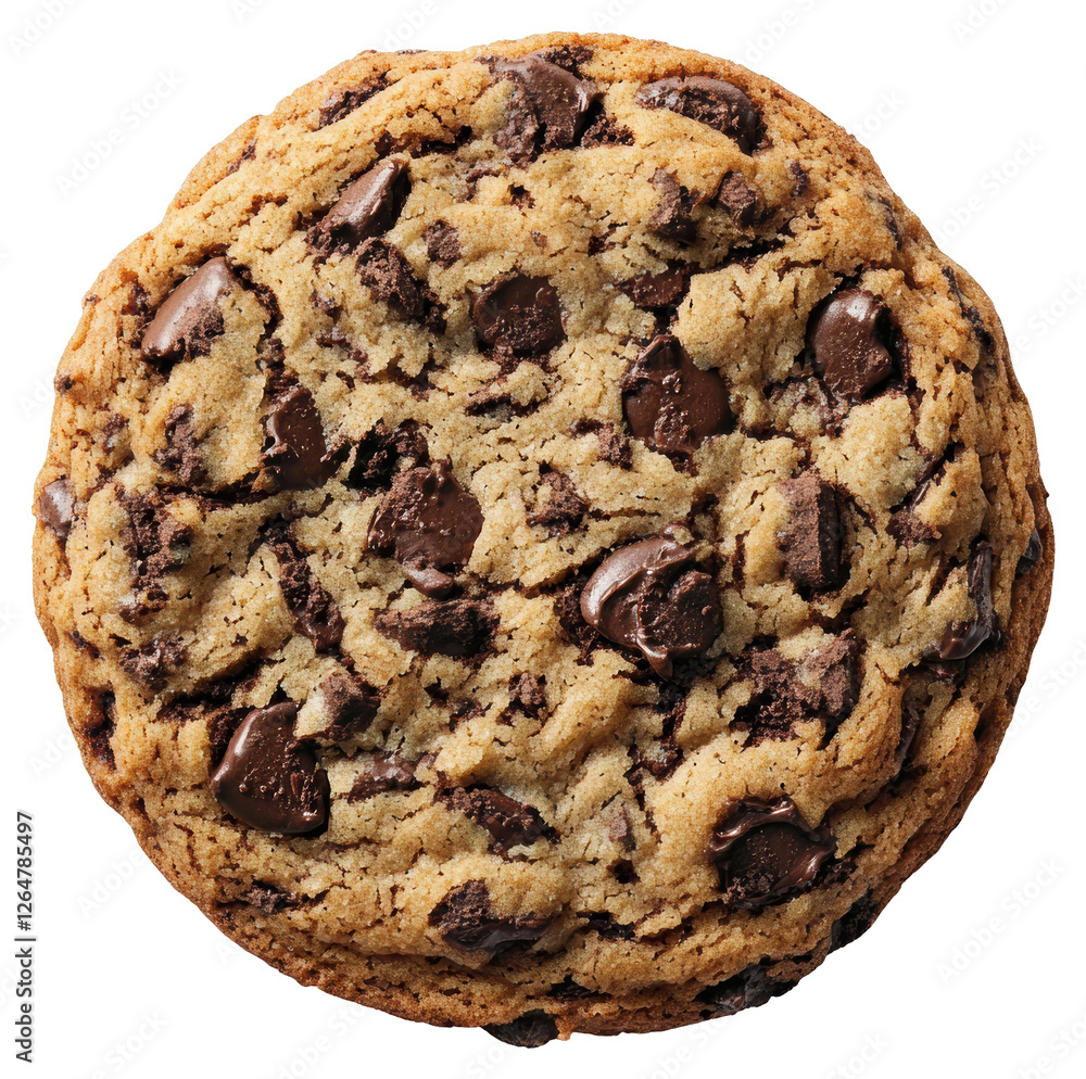 Poster top view single delicious chocolate chip cookie on transparent background