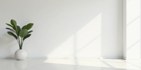 Minimalist Interior Design A Serene White Room with a Single Plant in a White Pot, Bathed in Soft Sunlight