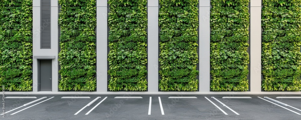 Poster sustainable transport infrastructure policy concept. green wall with empty parking spaces in a moder