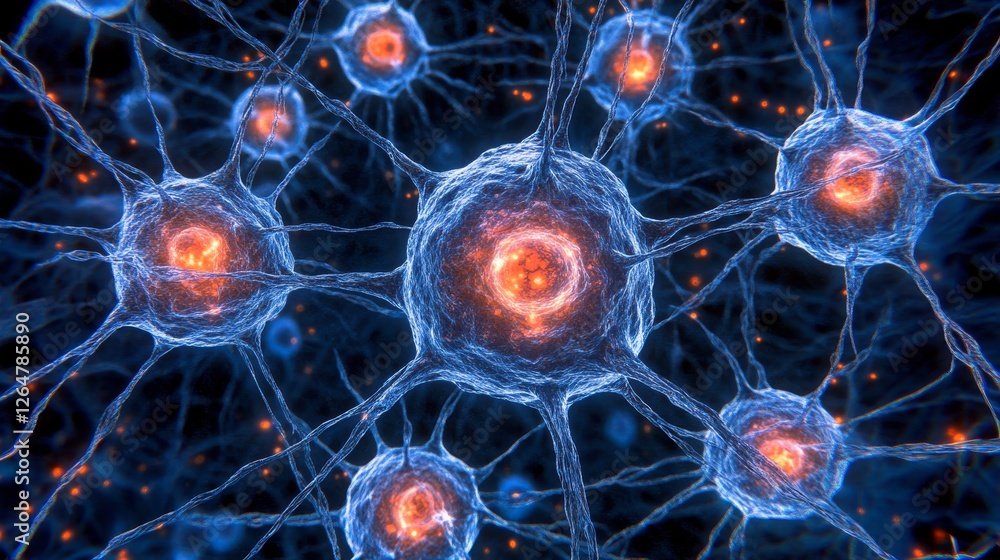 Poster blue neural network illustration complex system, bright nodes, dark background with bokeh effect