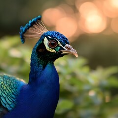 Obraz premium Majestic peacock profile, sunset bokeh, garden, wildlife photography