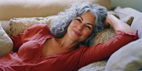 A woman reclining on a couch with a serene expression.