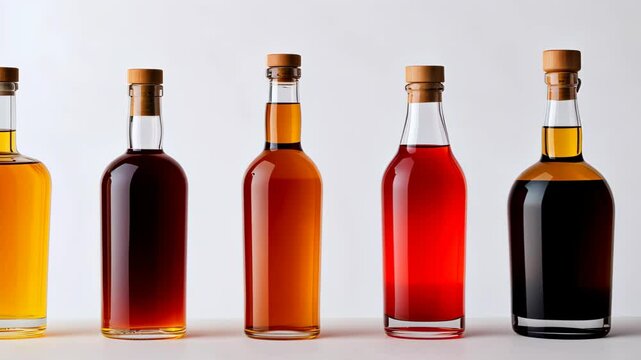 Premium Non-Alcoholic Spirits Collection Featuring Colorful Bottles with Wooden Caps Stylishly Arranged in a Row on White Background Emphasizing a Trendy Alternative to Traditional Liquors