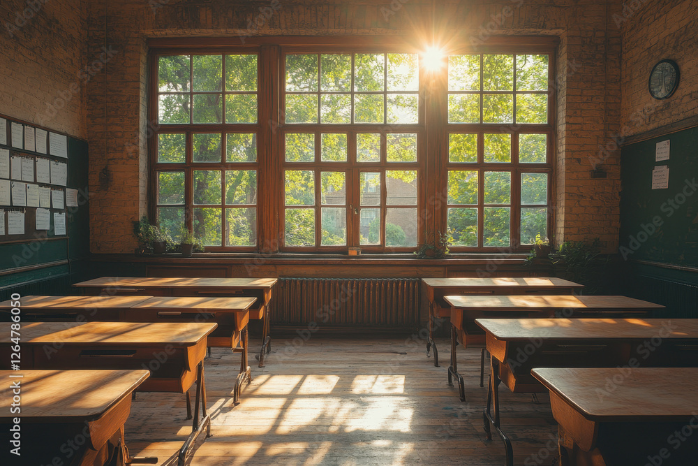 Poster sunlight streams into a quiet classroom with rustic furniture and greenery in view