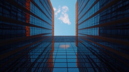 Cityscape, upward view, skyscrapers, blue sky, clouds, business