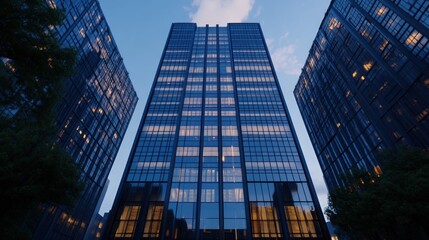 Cityscape twilight skyscraper view, urban business district, evening lights