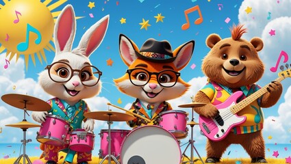 Fototapeta premium Colorful animated band of animals performing music outdoors on a sunny day with vibrant decorations and playful atmosphere