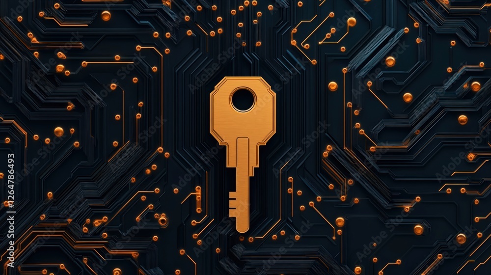 Poster key symbolizing security on dark circuit background