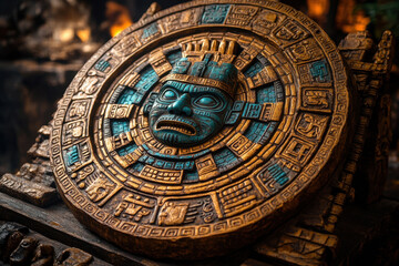 Obraz premium Intricate sun stone sculpture depicting ancient mythology in a cultural exhibition