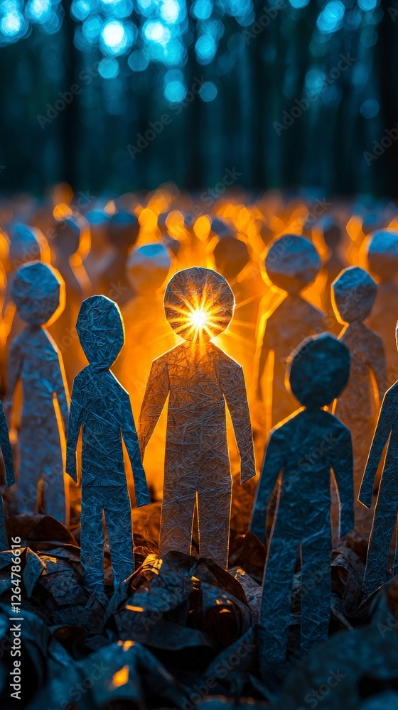Aufkleber a captivating scene showcasing illuminated paper figures surrounded by a warm, glowing light, emphas