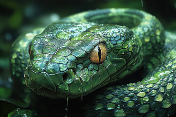 Green snake resting among foliage in a lush rainforest environment during daylight hours
