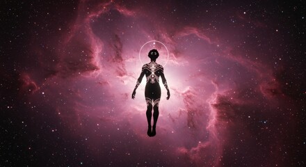 Naklejka premium Cosmic Transcendence: Silhouette Figure Floating in Galactic Nebula