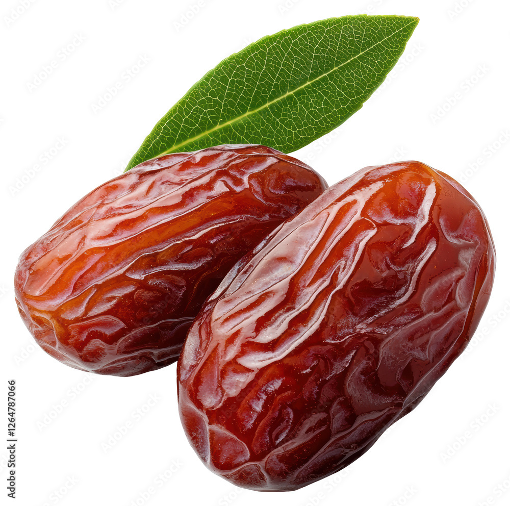 Poster two glossy dates with textured surface and green leaf on transparent background
