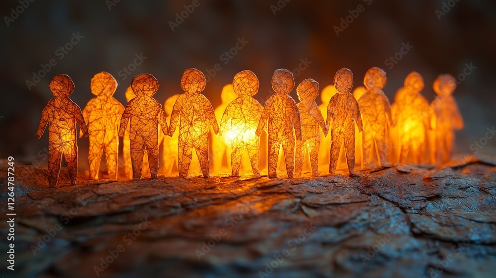 Poster a captivating display of glowing figures standing in a circle, representing togetherness and unity, 