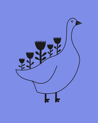 Vector illustration with a goose with flowers on back. Romantic greeting card template, home decoration poster, apparel print design