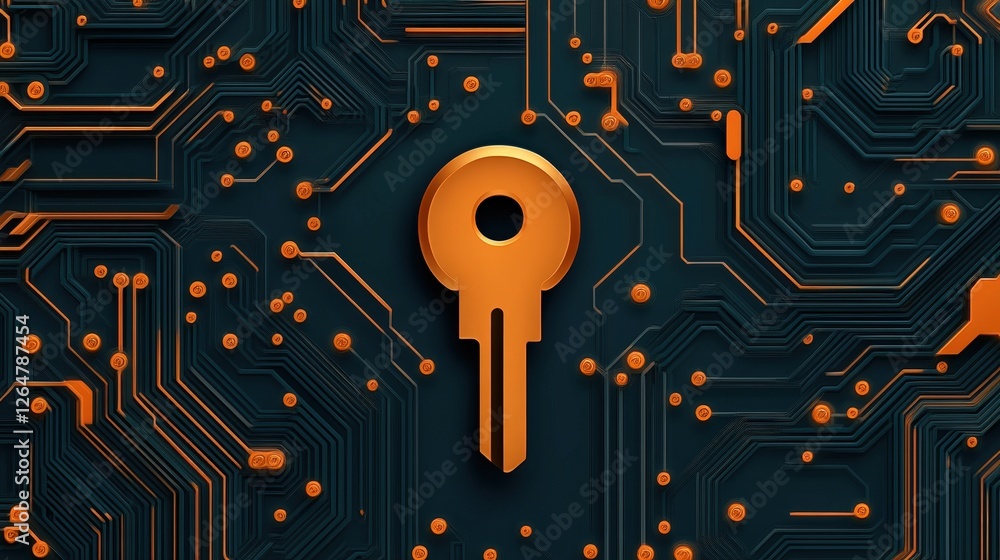 Poster stylish digital key design with orange highlights on circuit background