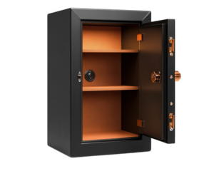 fireproof and waterproof document safe with open door, showcasing its interior shelves and locking mechanism. This essential storage solution ensures protection of important documents and