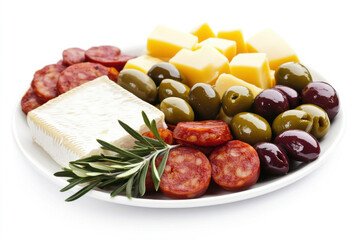 A colorful platter featuring cheese, olives, and cured meats for a delightful snack. isolated on white background.