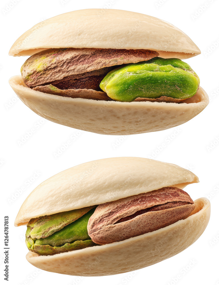 Poster two pistachios open showing green kernels on a transparent background