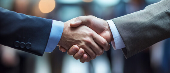 Obraz premium Two professionals engaged in a firm handshake, symbolizing agreement and partnership in a modern office environment, emphasizing collaboration and success in business.