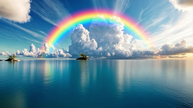 Rainbow over Tropical Paradise: A vibrant rainbow arches over a serene tropical seascape, its colors reflected in the crystal-clear turquoise water, with lush islands dotting the horizon.