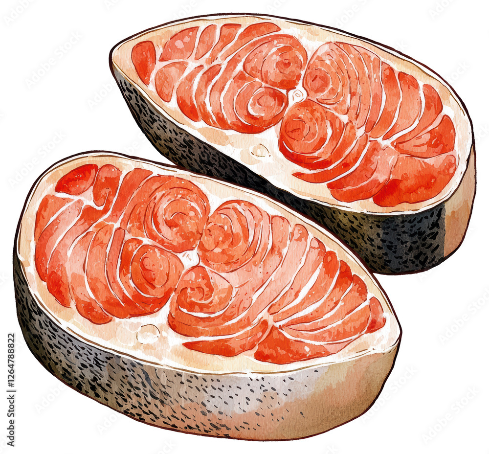 Poster two slices of fresh raw salmon steak with red color and transparent background