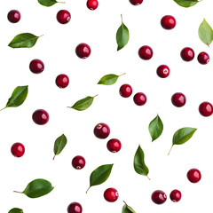 Fresh red cranberries with vibrant green leaves, isolated on a transparent background
