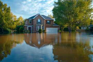 Suburban brick house stands amidst rising floodwaters, reflecting the sky and trees, illustrating the impact of heavy rainfall on residential areas