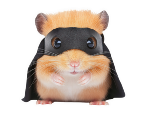 hamster in tiny superhero mask and cape, looking fierce and ready for action. This adorable pet showcases playful spirit and unique costume