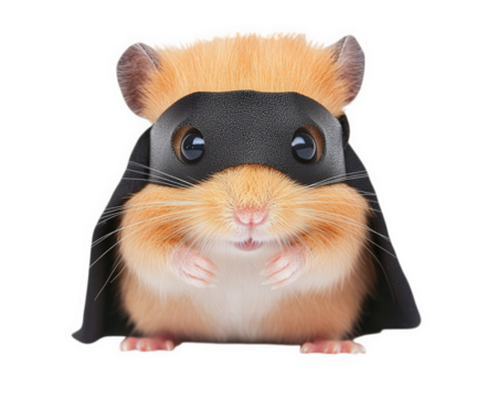 hamster in tiny superhero mask and cape, looking fierce and ready for action. This adorable pet showcases playful spirit and unique costume