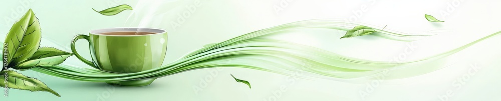 Poster a green cup with a leaf on it is placed on a green background that has a wavy line that resembles a