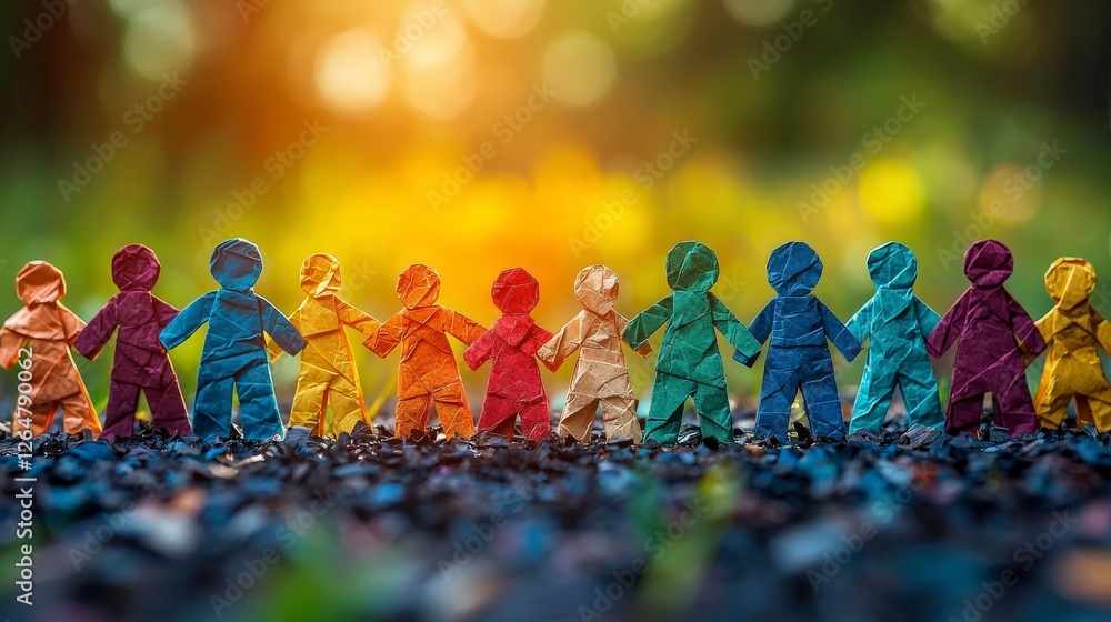 Aufkleber an array of colorful paper figurines standing in a cheerful formation, representing unity, diversity