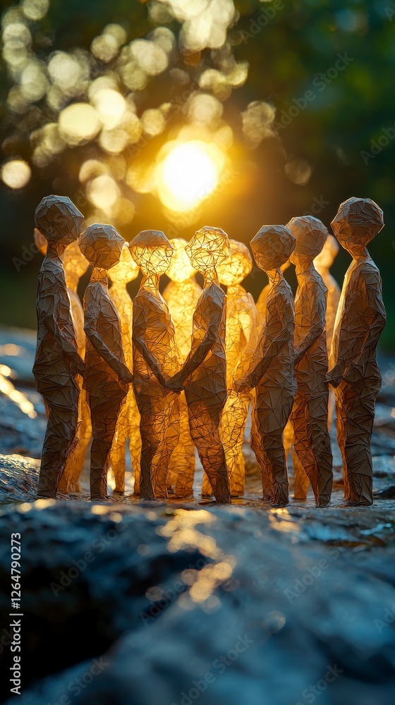 Poster a collection of intricately designed paper figures illuminated by a soft glow, showcasing themes of 