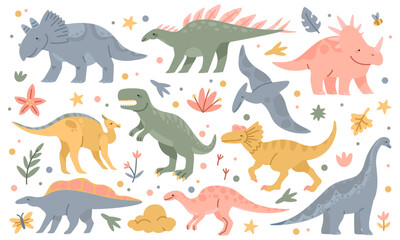 Dinosaur cute. Dino animals, baby clipart doodles, childish characters. Scandinavian designs, prints of dragons, triceratops nursery print. Vector cartoon flat isolated illustration adorable monsters