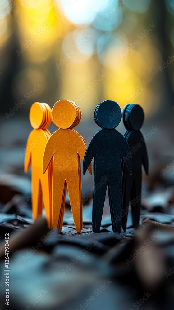 Poster dynamic paper figures depicted in a creative standing formation, emphasizing themes of unity and tog