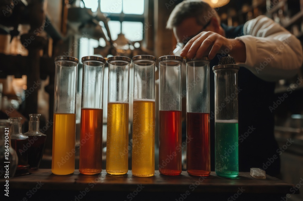 Poster scientist adding a substance in a test tube, performing experiment in a vintage laboratory with colo