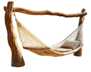 beachside hammock chair made of natural wood, offering relaxing vibe for outdoor leisure. Perfect for enjoying sunny days and unwinding in comfort