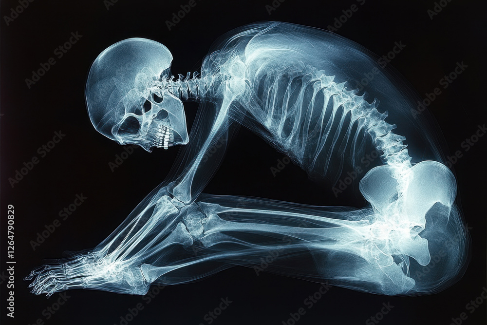 Poster detailed view of a human skeleton in a curled position showcasing bone structure and anatomy in blac