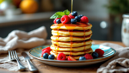 Delicious Stack of Pancakes Topped with Berries and Syrup