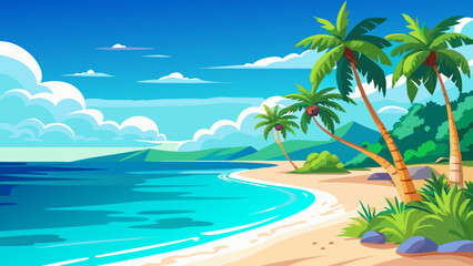 Obraz premium Tropical beach with palm trees and blue sea. Vector illustration