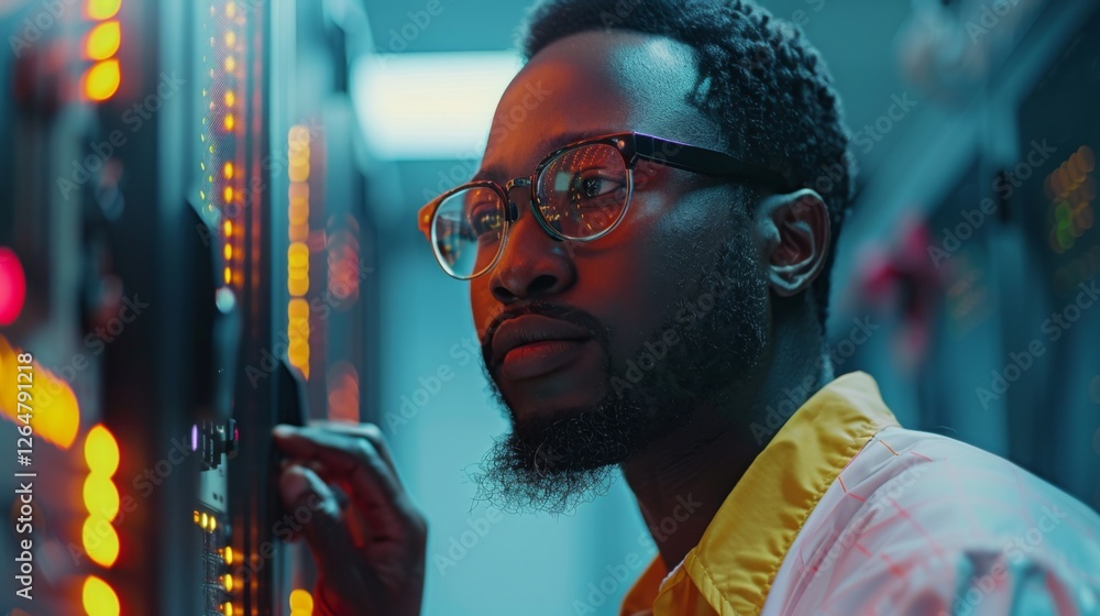 Poster A technician is intently observing a control panel filled with glowing lights and switches. The workspace is illuminated in hues of blue and orange, creating a vibrant atmosphere during the evening.