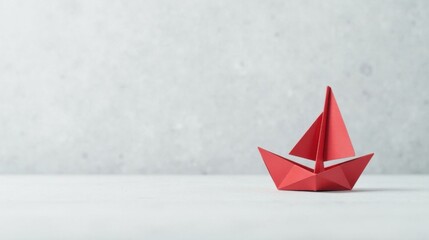 A crimson paper sailboat rests on a smooth, light surface against a muted gray backdrop, symbolizing aspirations and journeys.