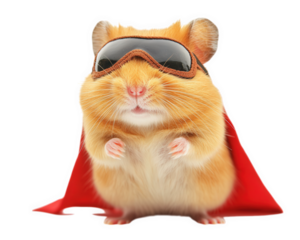 fierce hamster wearing tiny superhero mask and cape, ready to save day. This adorable creature embodies bravery and charm, making it delightful sight