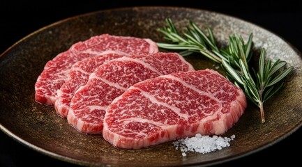Premium marbled beef cuts displayed on a rustic plate