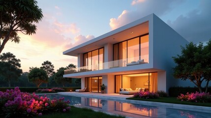 Fototapeta premium Modern Architectural Design Luxurious Two-Story Home with Infinity Pool at Sunset