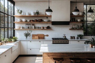 Spacious modern kitchen featuring open shelving and natural light with a minimalist design