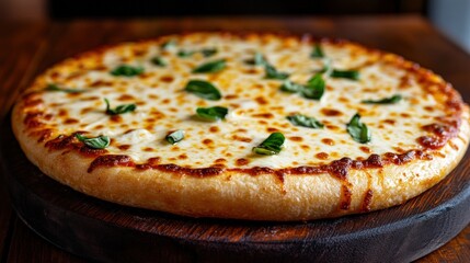 Delicious cheese pizza on wooden board, restaurant setting