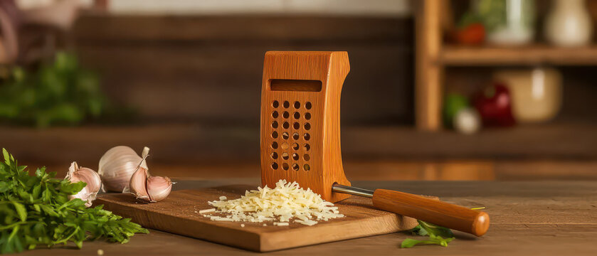 A wooden grater sits on a cutting board, with grated cheese nearby, alongside garlic and fresh herbs, set in a cozy kitchen environment.