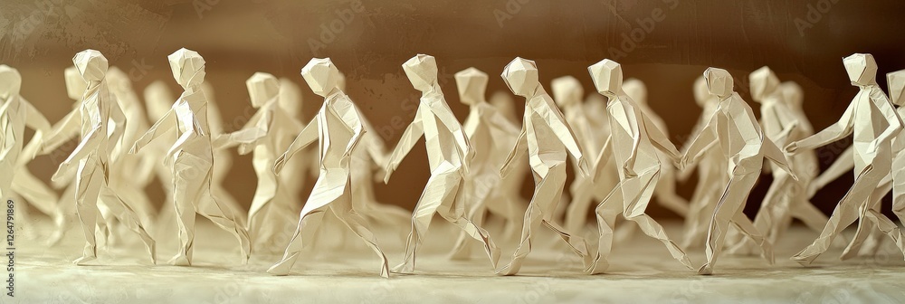 Poster a captivating scene showcasing origami figures that appear to be walking together, symbolizing unity