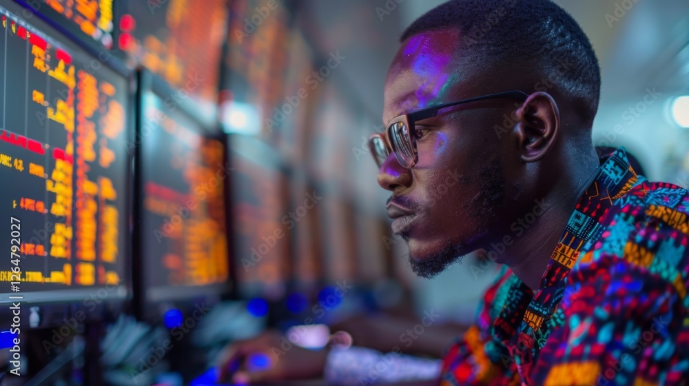 Poster A dedicated individual wearing glasses concentrates intently on financial data displayed across several monitors, surrounded by a high tech workspace illuminated by screen lights.